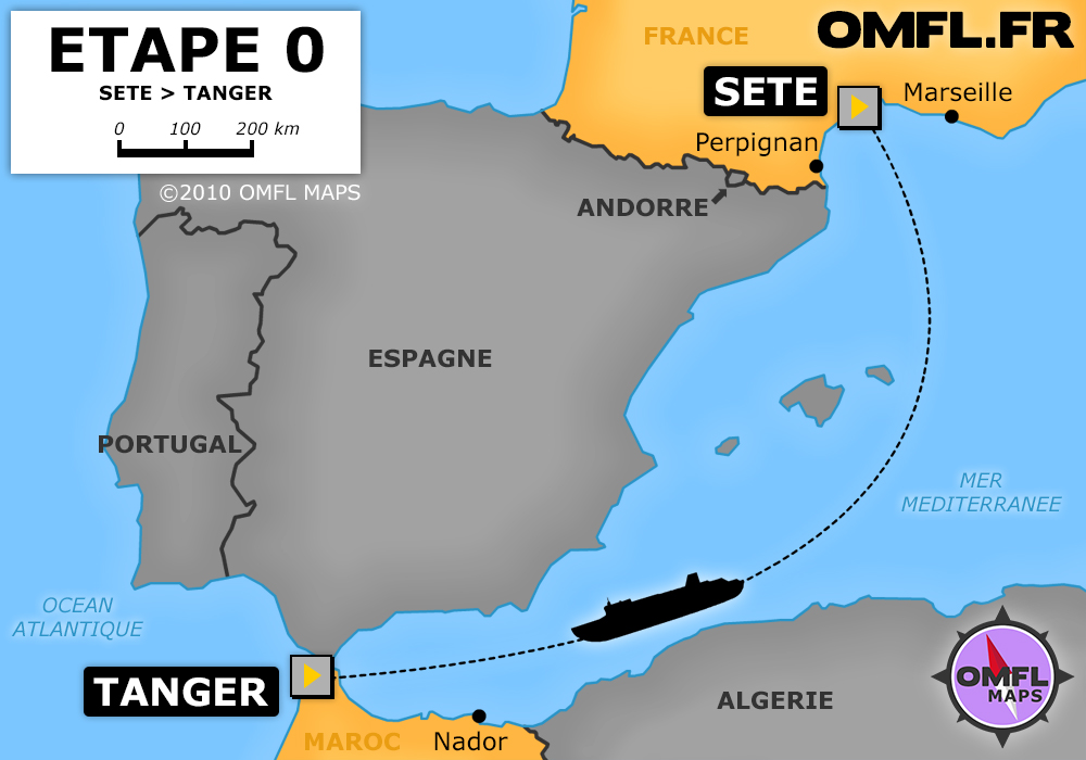 Itinéraire OMFL étape 0 de Sète à Tanger