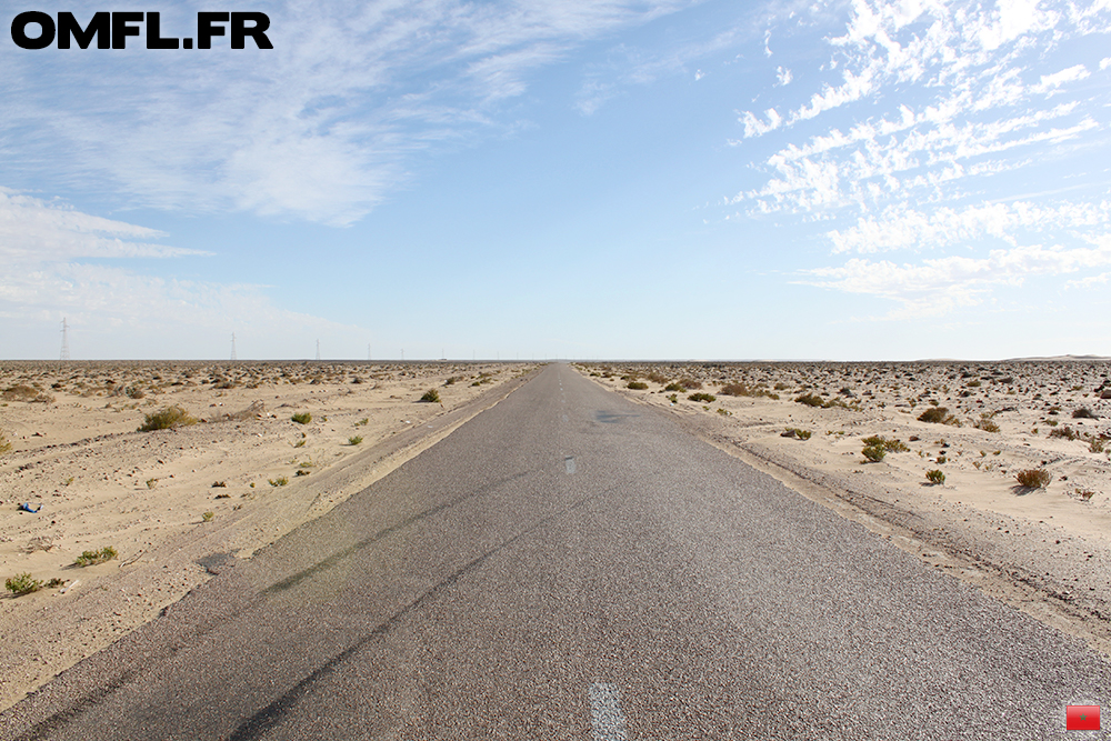 La route du desert, un long ruban de bitume au milieu du sable